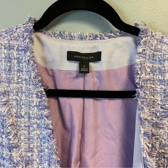 Ann Taylor Blazer Lavender Fringe Tweed Cardigan Jacket Sz 16 EUC Purple Plaid - Picture 9 of 13